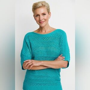 Chicos Riviera Pullover Fine Open Stitch Sweater Amazonite XL 16 Lagenlook beach